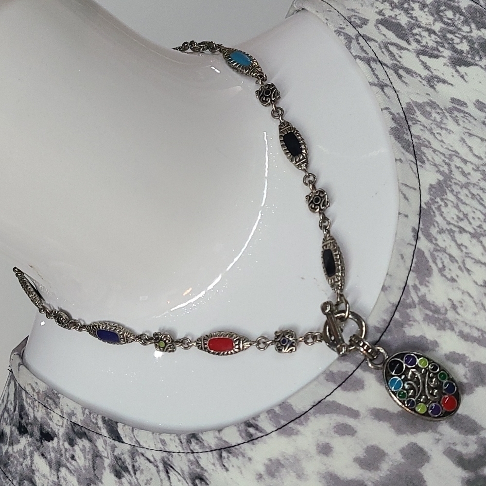 Colorful Enameled Silver Tone Necklace